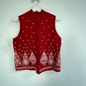 Talbots Women Red Holiday Sweater Vest Snowman Christmas Zip Front Medium Petite